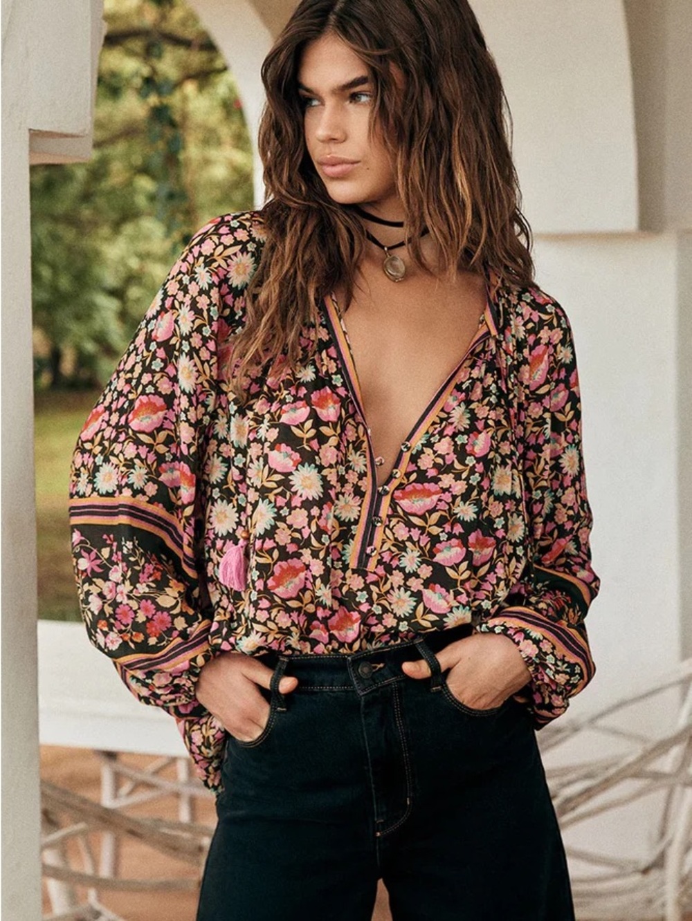 Spell Impala Tie Blouse - Night Blossom Floral Button-Front Peasant Blouse - S